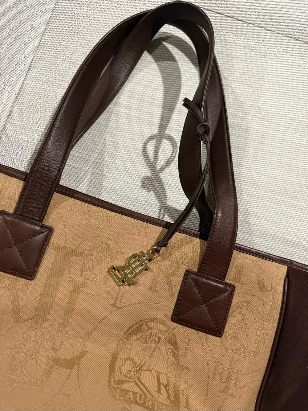 Ralph Lauren Tan Jacquard & Dark Brown Leather Tote - Picture 3 of 8